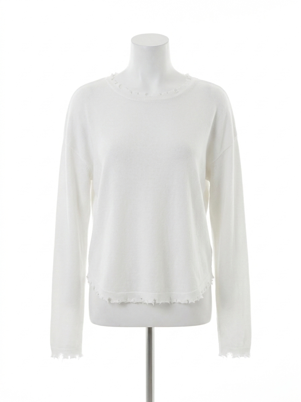 NEW CHARLIE B crew neck drop shoulder sweater with frayed edge details in cream